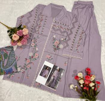 Lavender cotton readymade suit with thread embroidery work 3