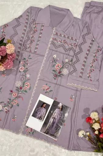 Lavender cotton readymade suit with thread embroidery work