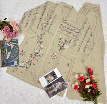 Cream cotton readymade suit with thread embroidery work 3