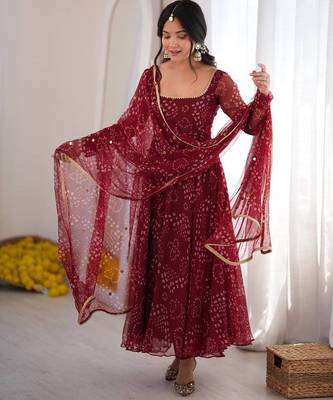 Women festive wear red bandhani anarkali kurti with bottom & dupatta 1