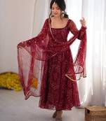 Women festive wear red bandhani anarkali kurti with bottom & dupatta