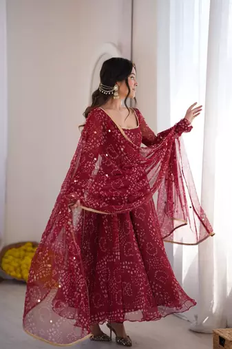 Women festive wear red bandhani anarkali kurti with bottom & dupatta