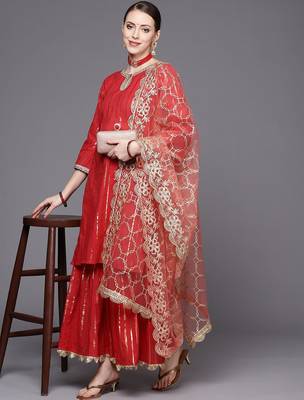 Women Red Striped Kurta with Sharara & With Dupatta 1