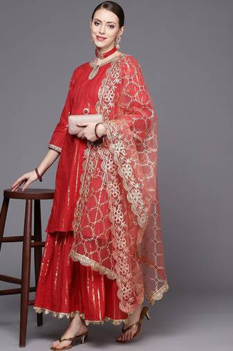 Women Red Striped Kurta with Sharara & With Dupatta