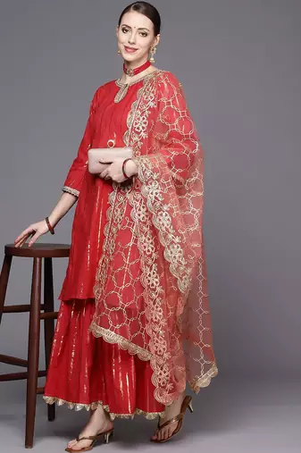 Women Red Striped Kurta with Sharara & With Dupatta