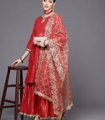 Women Red Striped Kurta with Sharara & With Dupatta