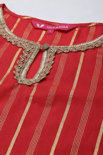 Women Red Striped Kurta with Sharara & With Dupatta