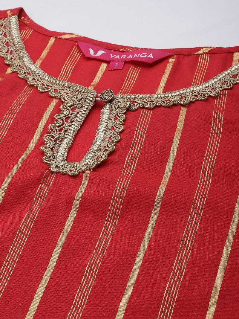 Women Red Striped Kurta with Sharara & With Dupatta