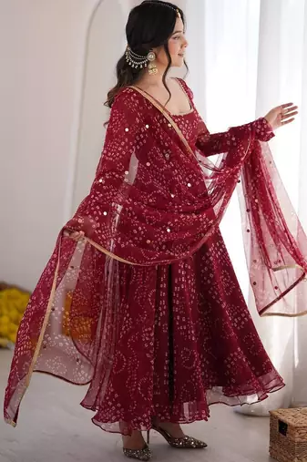 Women festive wear red bandhani anarkali kurti with bottom & dupatta