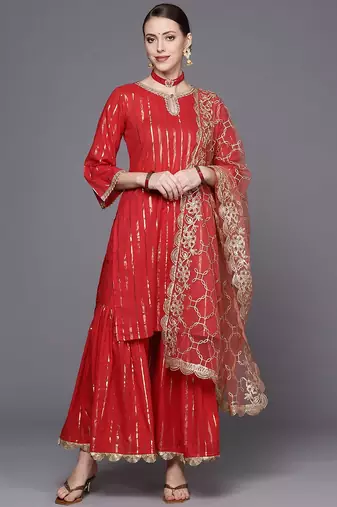 Women Red Striped Kurta with Sharara & With Dupatta