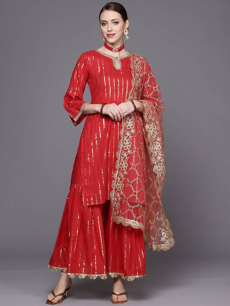Women Red Striped Kurta with Sharara & With Dupatta