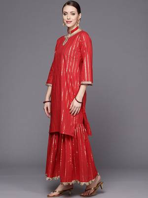 Women Red Striped Kurta with Sharara & With Dupatta 6