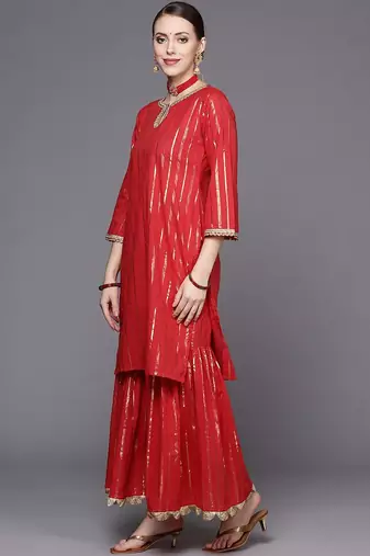 Women Red Striped Kurta with Sharara & With Dupatta