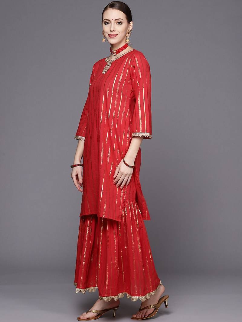 Women Red Striped Kurta with Sharara & With Dupatta