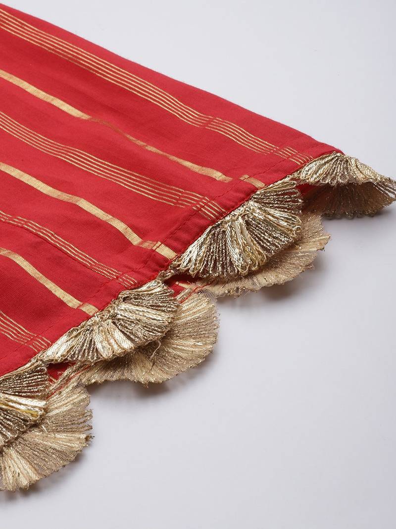 Women Red Striped Kurta with Sharara & With Dupatta