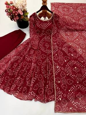 Women festive wear red bandhani anarkali kurti with bottom & dupatta 4