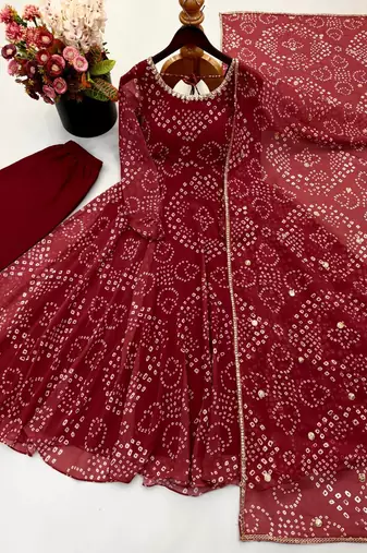 Women festive wear red bandhani anarkali kurti with bottom & dupatta