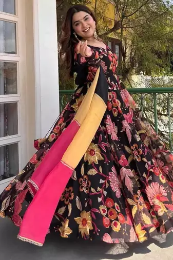 Black natural silk digital print anarkali set