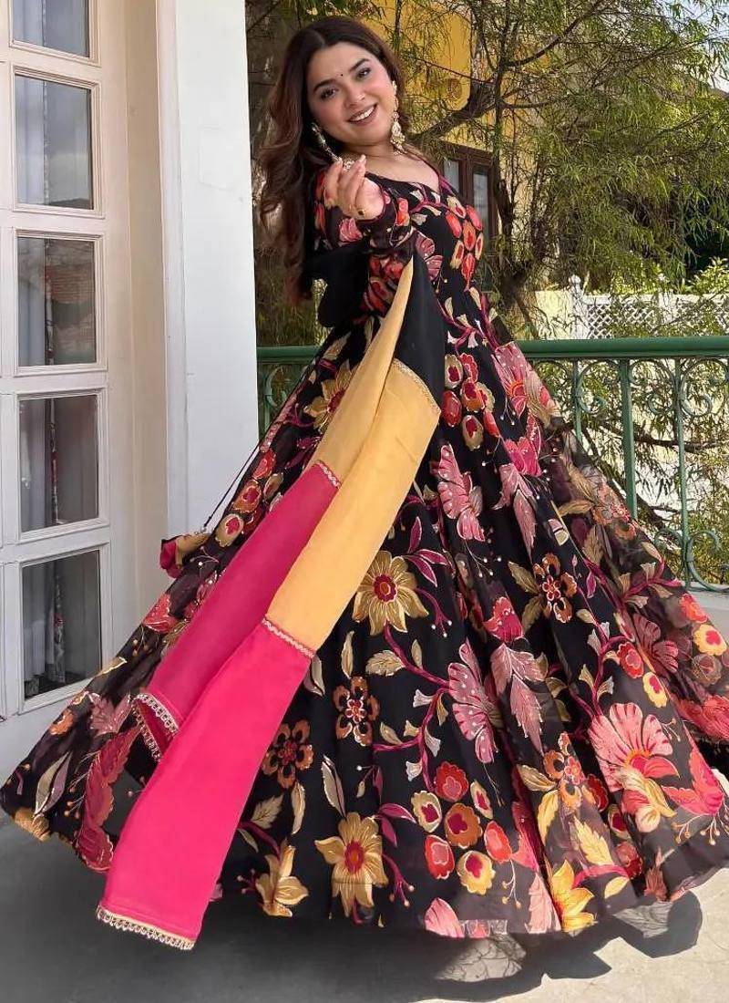 Black natural silk digital print anarkali set