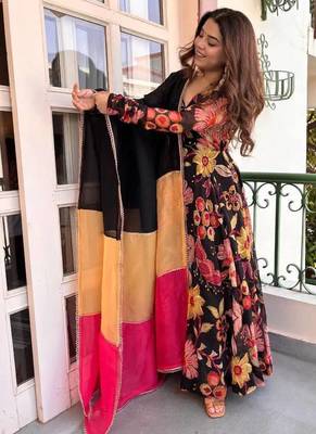 Black natural silk digital print anarkali set 2
