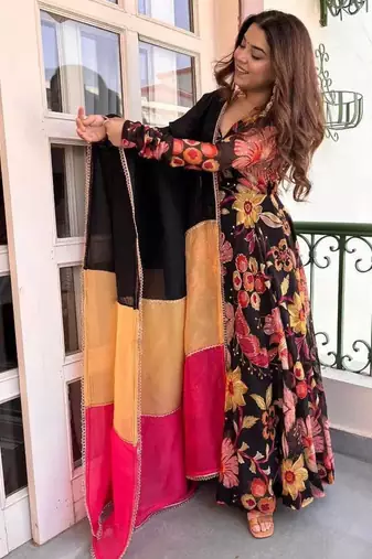 Black natural silk digital print anarkali set