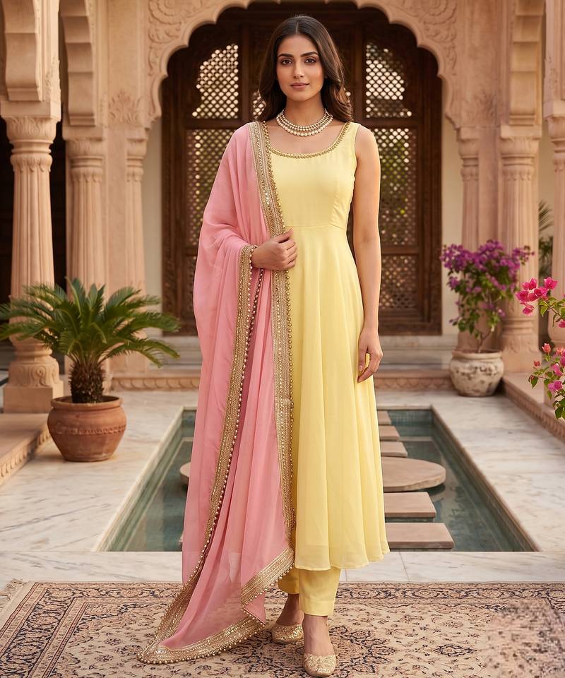 Women yellow anarkali kurta with yellow pant and pink dupatta