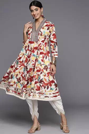 Off White & Brown Floral Printed Mirror Work Pure Cotton Kurta With Dhoti Pants