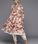 Off White & Brown Floral Printed Mirror Work Pure Cotton Kurta With Dhoti Pants