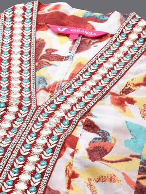 Off White & Brown Floral Printed Mirror Work Pure Cotton Kurta With Dhoti Pants 2