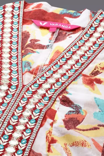 Off White & Brown Floral Printed Mirror Work Pure Cotton Kurta With Dhoti Pants