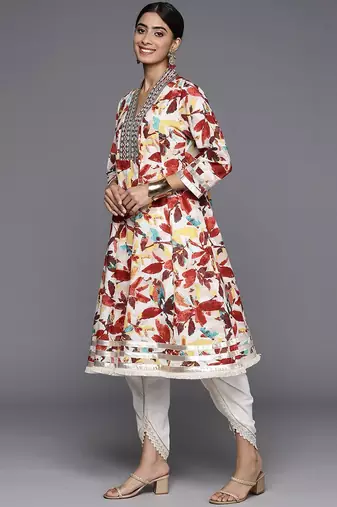 Off White & Brown Floral Printed Mirror Work Pure Cotton Kurta With Dhoti Pants