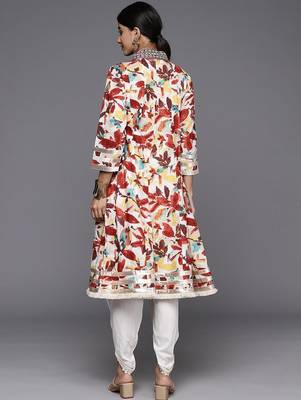 Off White & Brown Floral Printed Mirror Work Pure Cotton Kurta With Dhoti Pants 5