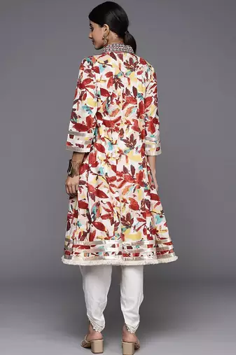 Off White & Brown Floral Printed Mirror Work Pure Cotton Kurta With Dhoti Pants