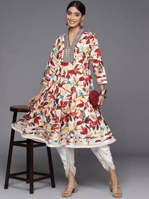 Off White & Brown Floral Printed Mirror Work Pure Cotton Kurta With Dhoti Pants 6