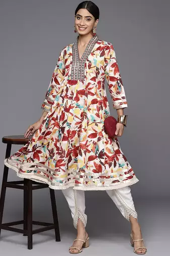 Off White & Brown Floral Printed Mirror Work Pure Cotton Kurta With Dhoti Pants