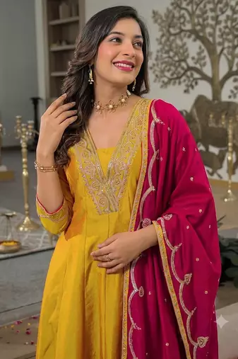 Women   s mustard yellow embroidered long flared kurta pant set with contrast pink border work dupatta