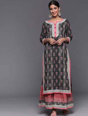 Women Grey Ethnic Motifs Printed Kurta with Sharara 1