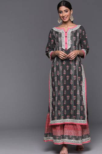 Women Grey Ethnic Motifs Printed Kurta with Sharara