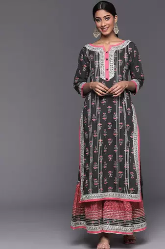 Women Grey Ethnic Motifs Printed Kurta with Sharara
