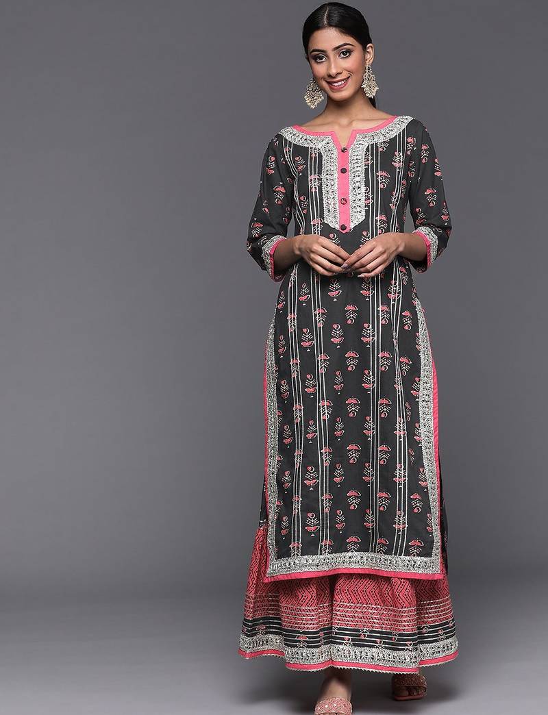 Women Grey Ethnic Motifs Printed Kurta with Sharara