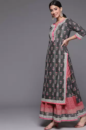 Women Grey Ethnic Motifs Printed Kurta with Sharara