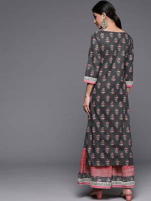 Women Grey Ethnic Motifs Printed Kurta with Sharara 5