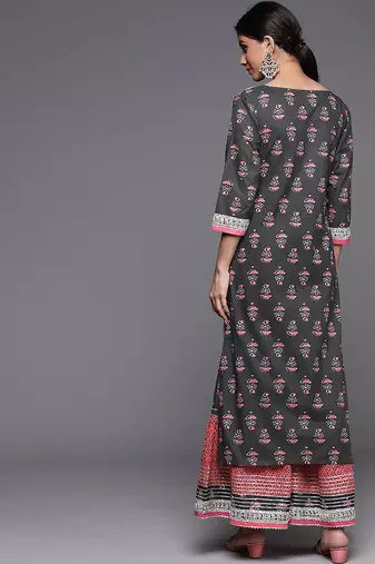 Women Grey Ethnic Motifs Printed Kurta with Sharara
