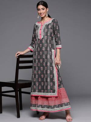 Women Grey Ethnic Motifs Printed Kurta with Sharara 6