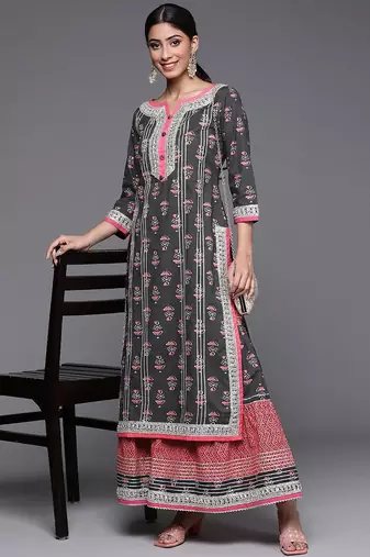 Women Grey Ethnic Motifs Printed Kurta with Sharara