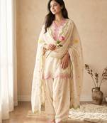 Stylish off white chanderi farshi salwar suits wth zari needle dupatta