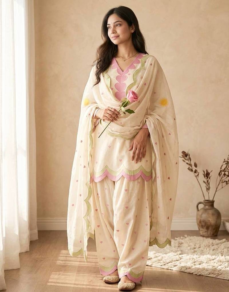 Stylish off white chanderi farshi salwar suits wth zari needle dupatta