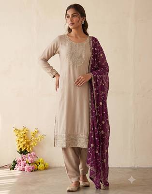 Festive wear beige kurta and wine dupatta  suit set 1