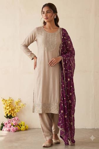 Festive wear beige kurta and wine dupatta  suit set