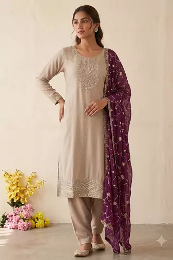 Festive wear beige kurta and wine dupatta  suit set